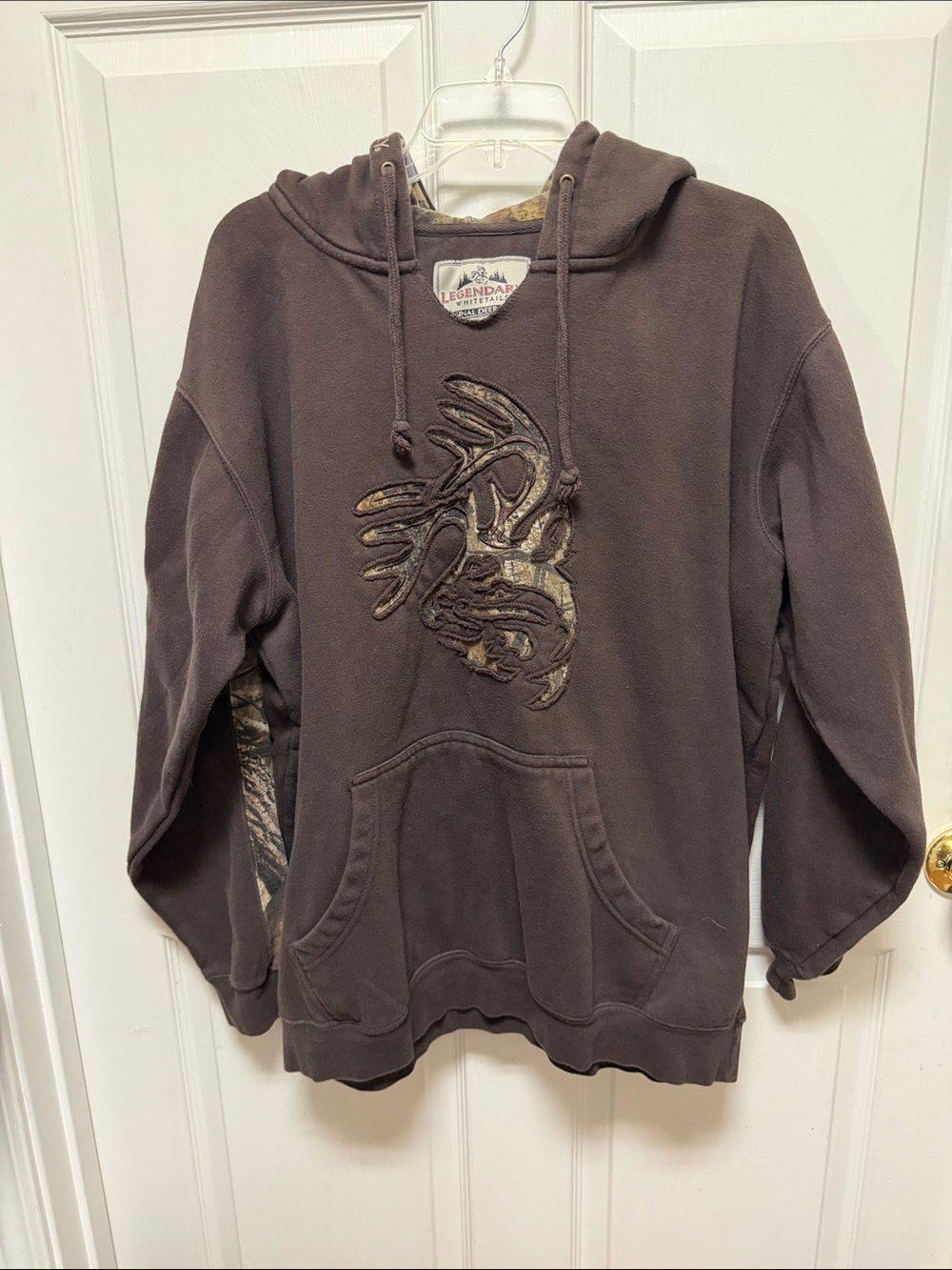 Legendary Whitetails Brown Crewneck Hoodie with Camo Deer Applique, Size XL
